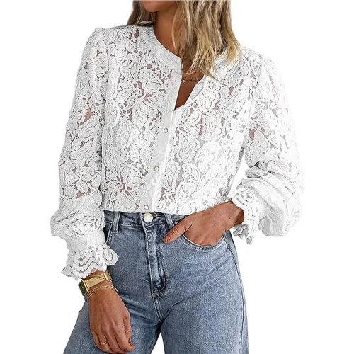 PRETTYGARDEN Women's Dressy Casual Lace Blouse Long Sleeve Button Up Shirt Top for Spring and Fall