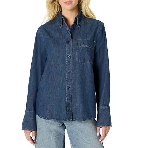 Amazon Essentials Women's Modern Oversized-Fit Cropped Denim Button-Down Shirt, Medium Blue Vintage