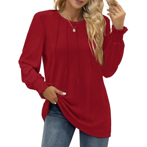 Fantaslook Women's Long Sleeve Pleated Tunic Blouse Fall Fashion Dressy Casual Shirt Top