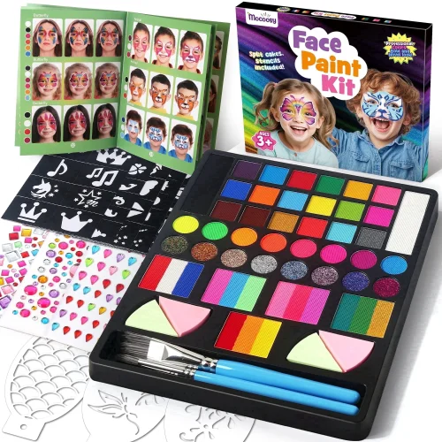 Mocoosy 41 Color Face Painting Kit for Kids with Stencils, Brushes, and Gems for Girls and Boys