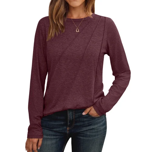 SUNBS Long Sleeve Shirts for Women Pleated Crew Neck Casual Fall Fashion Tops Loose Fit, S-2XL