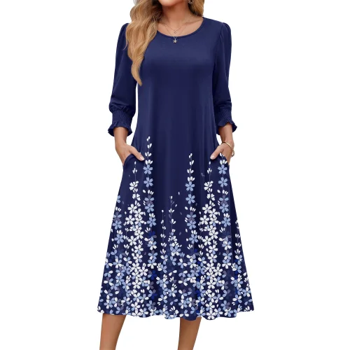 Fantaslook Fall Dresses for Women Smocked 3/4 Sleeve Floral Midi Casual Dress with Side Pockets