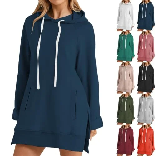 The Warmy Oversized Long Sleeve Hooded Sweatshirt Dress with Kangaroo Pocket and Split Hem Design