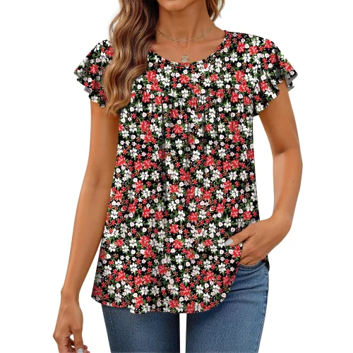 Fantaslook Womens Dressy Casual Pleated Tunic Tops with Floral Ruffle Sleeves Summer Shirt Blouse
