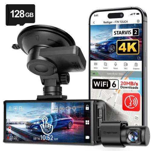REDTIGER 4K Dash Cam STARVIS 2 Front and Rear 3.18" Touch Screen with Included 128GB Memory Card