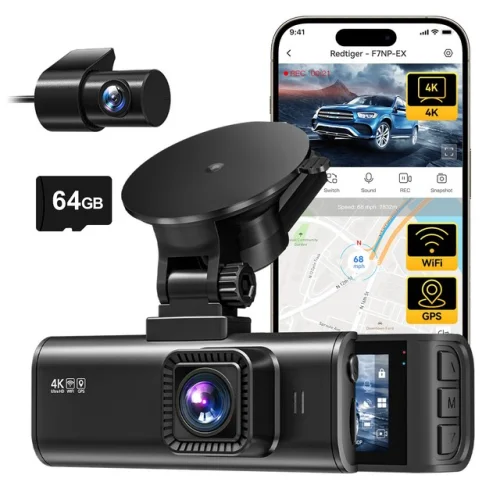 REDTIGER F7NP-EX 4K Dash Cam Front and Rear with Included 64GB Card, WDR, and GPS Functionality