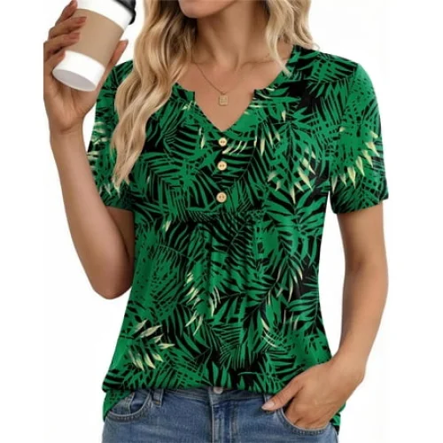 Fantaslook Womens Tunic Tops Casual Short Sleeve V Neck Button Pleated Blouses Floral Summer Shirts