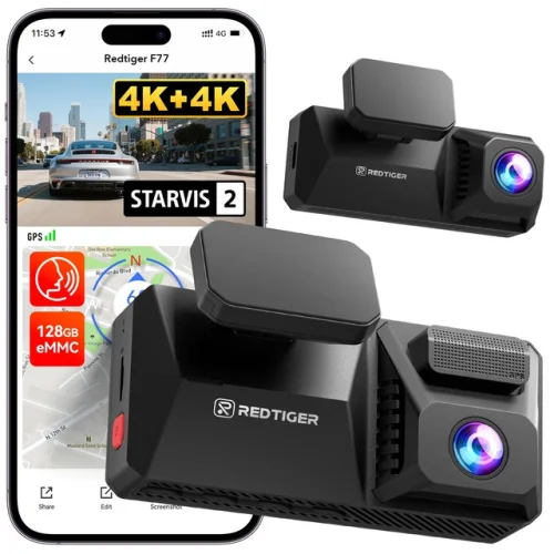 REDTIGER F77 4K+4K Dash Cam Front and Rear with STARVIS 2 HDR, Built-in 128GB eMMC and GPS