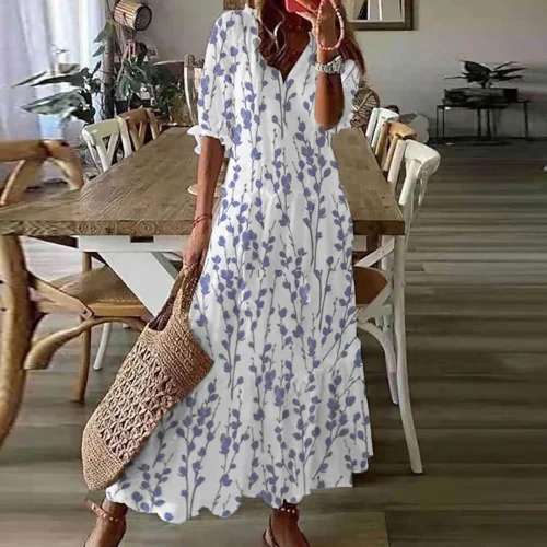Lenago Women's Plus Size V-Neck Three-Quarter Sleeve Printed Casual Flowy Long Beach Sun Dress