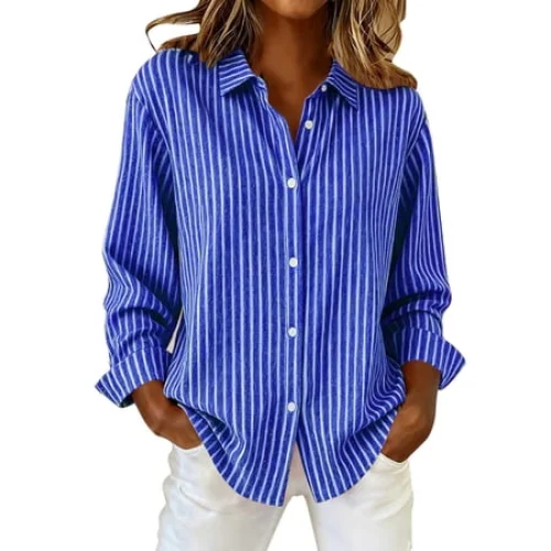 Idoravan Womens Striped Button Down Shirt Long Sleeve Casual Blouse Summer Top Plus Size XL
