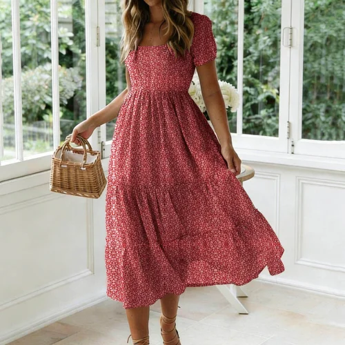 Livrdious Floral Dresses for Women Summer Casual Flowy A-Line Midi Dress, Lightweight Short Sleeve Square Neck Sundress for Beach Vacation, S-2X