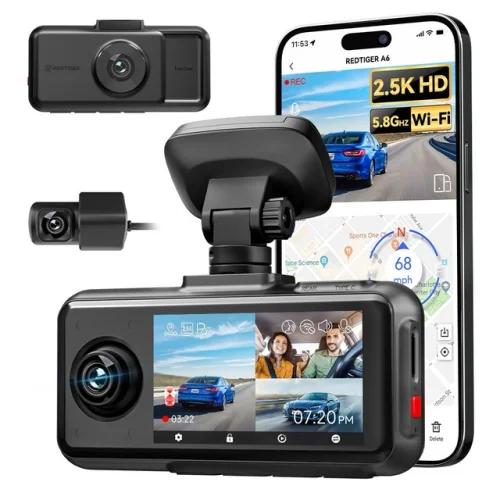 REDTIGER A6 3-Channel Dash Cam Front Inside and Rear 4K/2.5K+1080P+1080P with Touch Screen Display