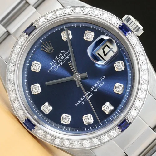 Mens Rolex Datejust Blue Diamond Sapphire 18k Gold Stainless Steel Oyster Watch