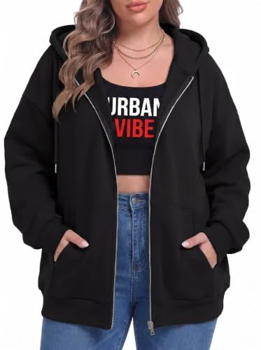 OLRIK Women Plus Size Zip Up Hoodie Fall Jacket Casual Sweatshirt Black-2X