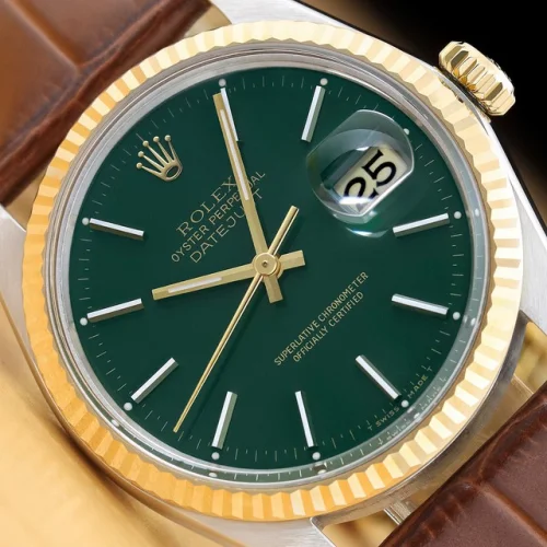 Rolex Mens Datejust 16013 Green Dial 18k Gold Steel Watch with Brown Leather Band