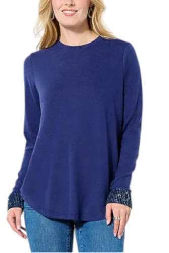DG2 Women's Brushed Knit Rhinestone Embellished Top in Marine Blue