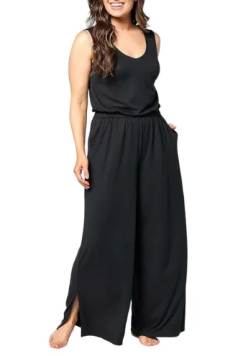 Bumblebella Jill Martin Women's Dreamy Jersey V-Neck Jumpsuit in Solid Black