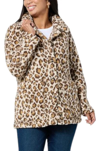 Nina Leonard Women's Collared Faux Sherpa Jacket in Cheetah Print