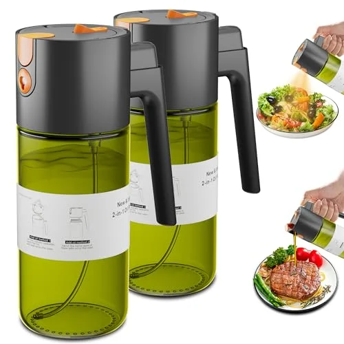 LAKUMIQI 2 in 1 Oil Sprayer & Dispenser, 17 oz Light-Blocking Glass Bottle for Cooking and Grilling