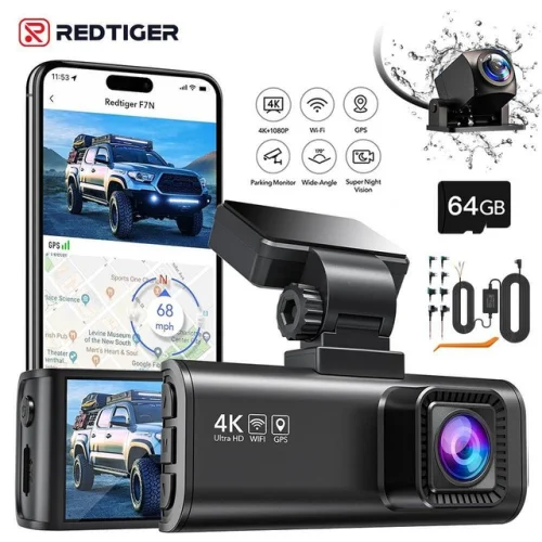 REDTIGER F7N Dash Cam Front and Rear 4K Dash Camera with 64GB Memory Card and Hardwire Kit