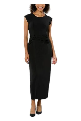 IMAN Women's Global Chic Cap-Sleeve Draped Detail Dress in Black
