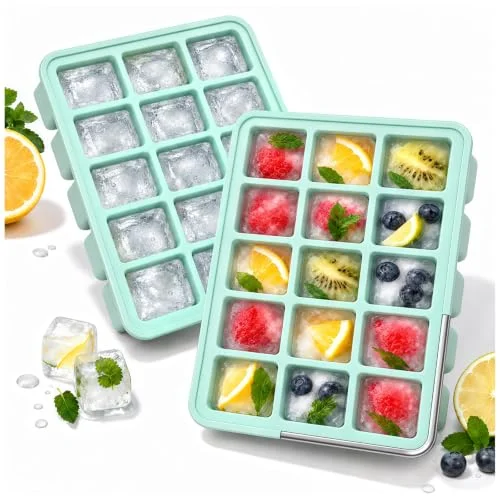 CAKETIME 2 Pack Silicone Ice Cube Trays with Lid Reusable Metal Reinforced BPA-Free Freezer Containers Bin Molds Stackable Easy Release Home Bar Essentials Coffee Whiskey Juice Drinks Must Haves