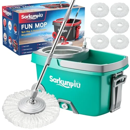 Sarkunpio Spin Mop and Bucket Set with 6 Microfiber Heads, Teal, Stainless Steel Wringer System
