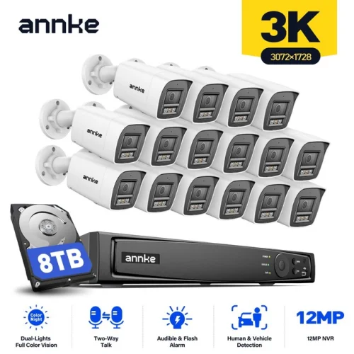 ANNKE H.265+ 8CH 16CH 12MP NVR 5MP Audio POE Security Camera System with Color Night Vision