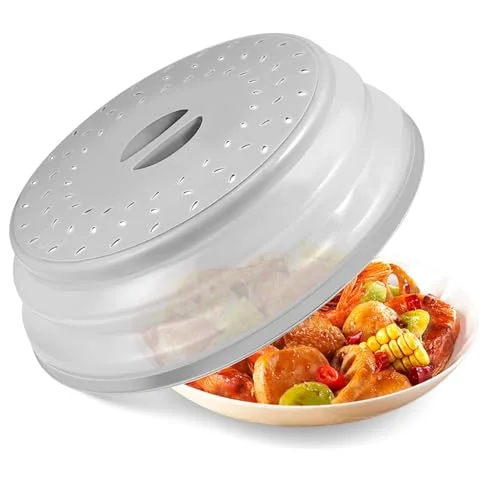 Large Collapsible Microwave Cover for Food, 12.2inch Microwave Splatter Cover, Microwave Plate&Dish Cover with Easy Grip Handle, BPA-free, Dishwasher Safe (Light Grey)