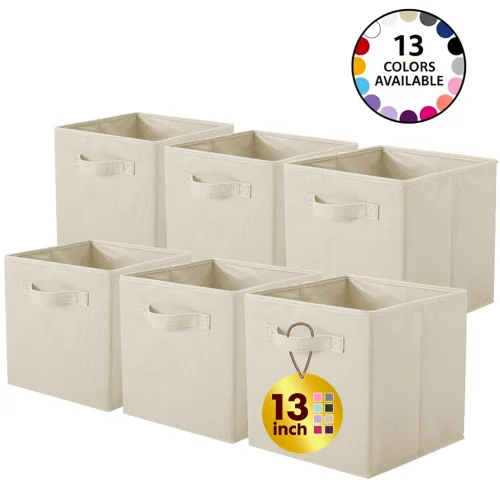 PinkSheep Collapsible Fabric Cube Storage Bins, Foldable Storage Cubes Organizer Bins Basket(13" x 13"), Beige, 6 Pack
