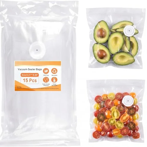 Vacuum Sealer Bags for Food, 15 BPA-Free Small (8.27''x 8.66''), Food Storage Bags, Freezer Microwave Safe, Odor-Resistant, Leak-Proof, Compatible with Compact Vacuum Sealers