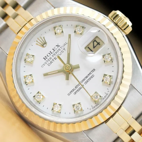 Rolex Ladies Datejust 69173 Factory Diamond Dial 18k Yellow Gold and Stainless Steel White Watch