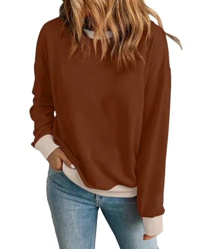 RUMIA Crewneck Sweatshirt for Women Long Sleeve Loose Fit Caramel Block Size Large