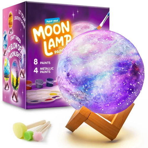 Joyfy DIY 3D Moon Lamp Painting Kit with Paints, Brushes, Color Palette, and Wooden Base for Kids