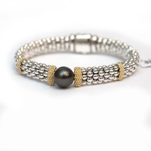 LAGOS Sterling Silver and 18K Gold Luna Tahitian Pearl 10mm Caviar Lux Bracelet Size 7 New