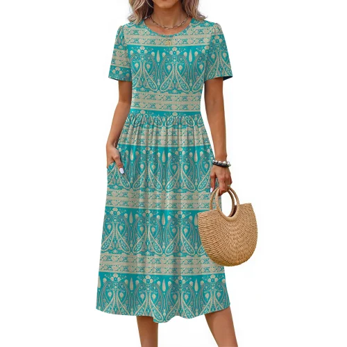 Fantaslook Summer Short Sleeve Midi Dress for Women Casual Floral T-Shirt Dress with Side Pockets