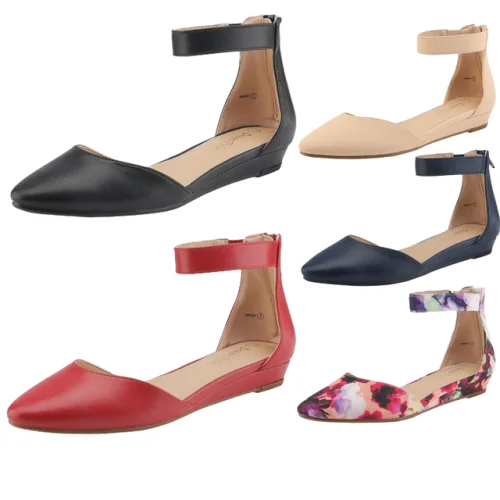 Women Ankle Strap Pointed Toe Back Zipper Low Wedge Ballet Flat Shoes