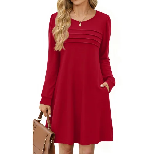 Fantaslook Pleated Long Sleeve Dress for Women with Pockets Casual Fall Fashion Mini Dress