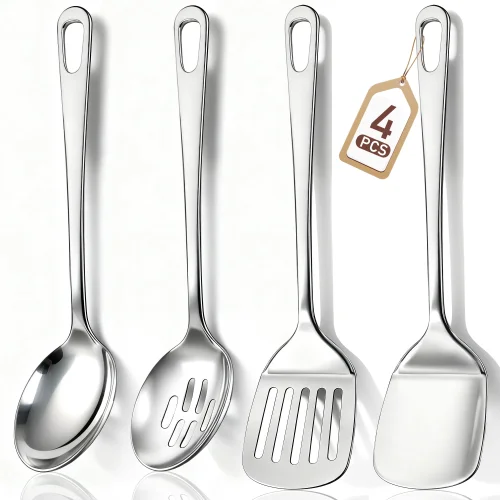 4 Pcs Cooking Utensils Set, TAIMASI Stainless Steel Kitchen Utensils, Solid & Slotted Turner Spatula
