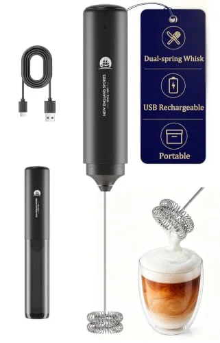 New England Stories Handheld Rechargeable Milk Frother Wand with Dual-Spring Whisk