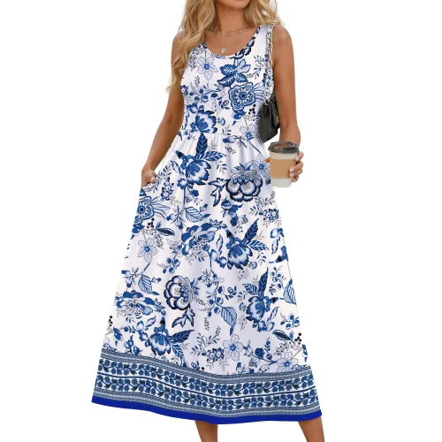 Fantaslook Summer Dresses for Women Sleeveless Casual Long Dress Beach Vacation Sundresses with Pockets