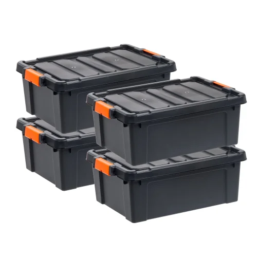 4 Pack IRIS 12 Gallon Stackable Latching Heavy Duty Plastic Storage Totes in Black and Orange