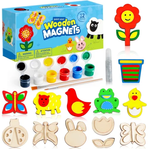 Joyfy 12-Piece Wooden Magnet Painting Art & Craft Kit for Kids, Toddlers, and Party Favors