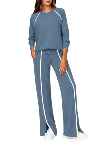 LOMON Women 2 Piece Sweatshirt Travel Outfits Lounge Wide Leg Tracksuit with Raglan Long Sleeves