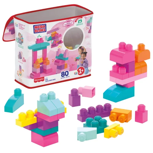 80-Piece MEGA BLOKS Fisher-Price Big Building Bag with Storage for Toddlers, Pink Building Blocks