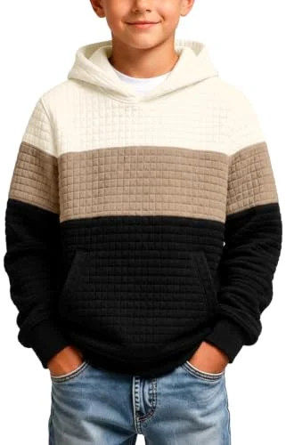 NikNio Boys Plaid Jacquard Sweatshirt Hooded Pullover in Black and Khaki for 13-14 Years Old