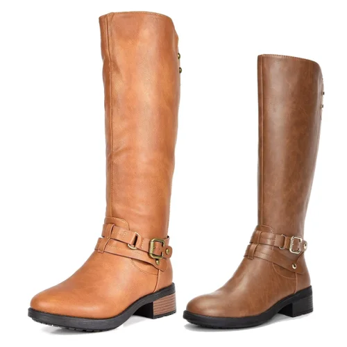 Women Motorcycle Riding Boots Low Heel Round Toe Faux Fur Lined Knee High Boots