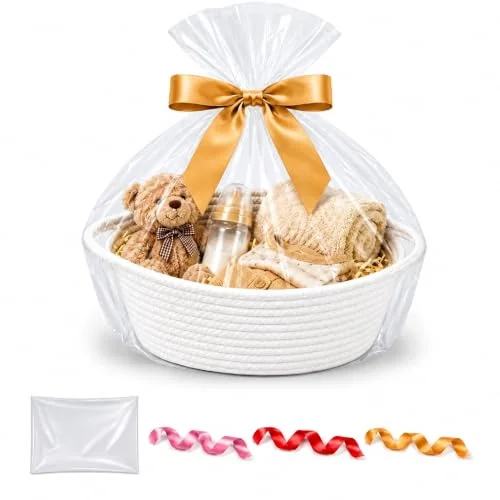 1 Pack Small Woven Basket for Gifts Empty with Bag & Ribbons, White Cotton Rope Storage Basket