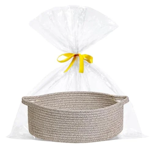 Optish Medium Woven Rope Basket, Gift Empty Basket with Bag & Ribbon, Brown