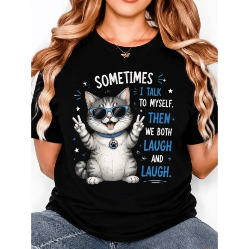 1 Pcs Women's Plus Size Casual Elegant Cartoon Cat With Fashion Glasses & Bell Graphic Cotton T-Shirt